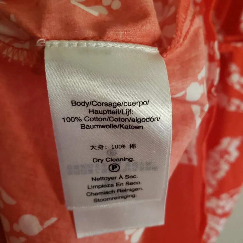 DKNY Red-Orange Print Shirt Dress 12 White Leaf Print Cotton Midi - Picture 11 of 12